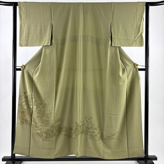 付下 身長157cm 袖長62.5cm S 雙層 落款あり 建物 松樹竹子梅花 刺繡 艾草綠 純蠶絲 秀品級