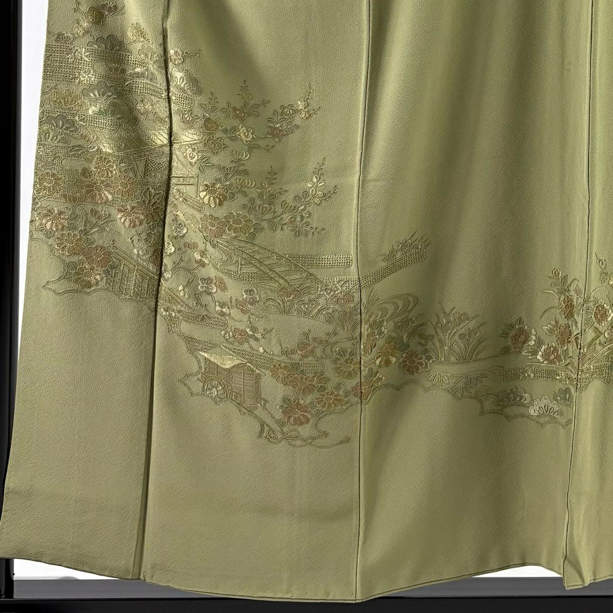 付下 身長157cm 袖長62.5cm S 雙層 落款あり 建物 松樹竹子梅花 刺繡 艾草綠 純蠶絲 秀品級