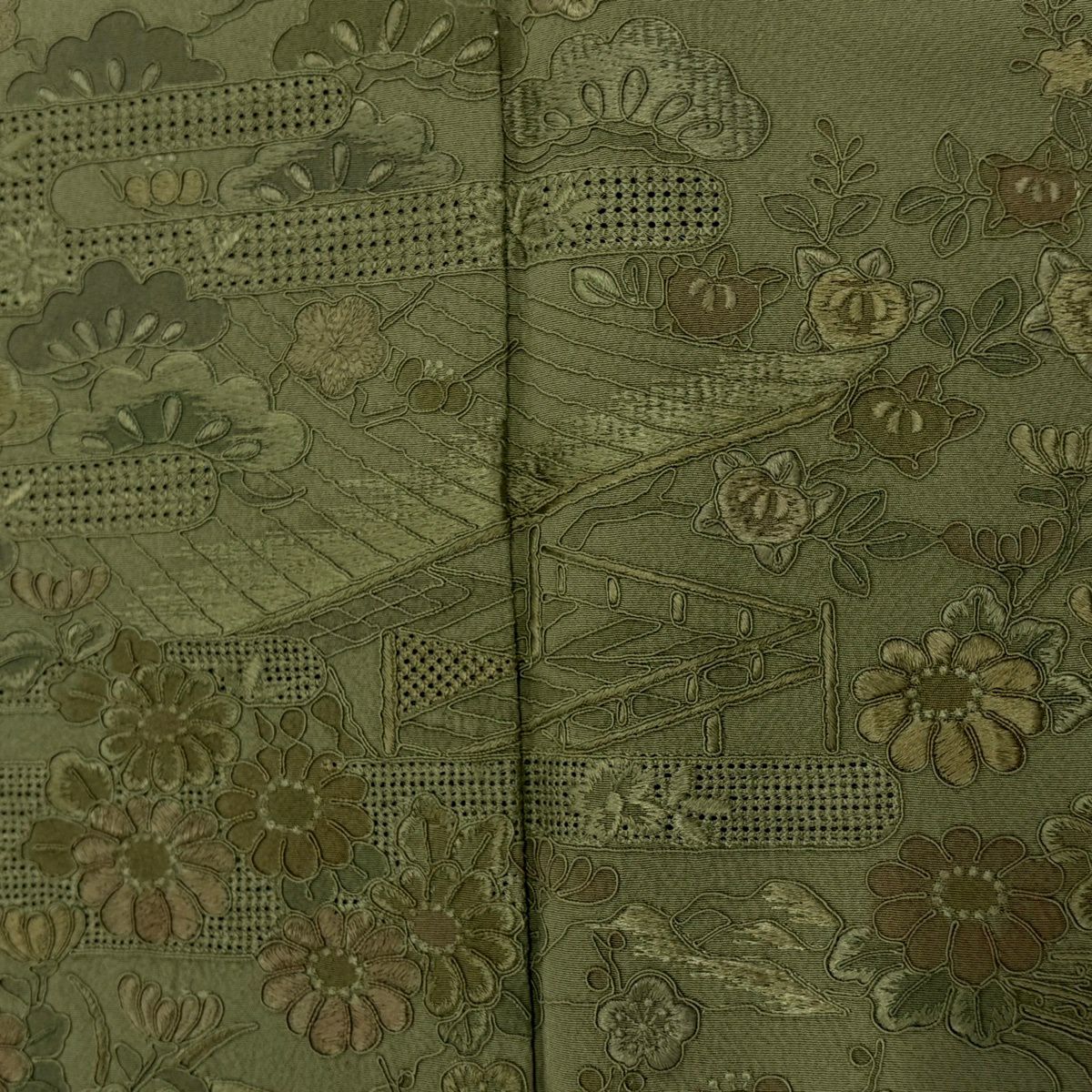 付下 身長157cm 袖長62.5cm S 雙層 落款あり 建物 松樹竹子梅花 刺繡 艾草綠 純蠶絲 秀品級