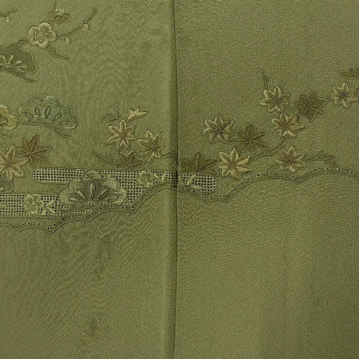 付下 身長157cm 袖長62.5cm S 雙層 落款あり 建物 松樹竹子梅花 刺繡 艾草綠 純蠶絲 秀品級