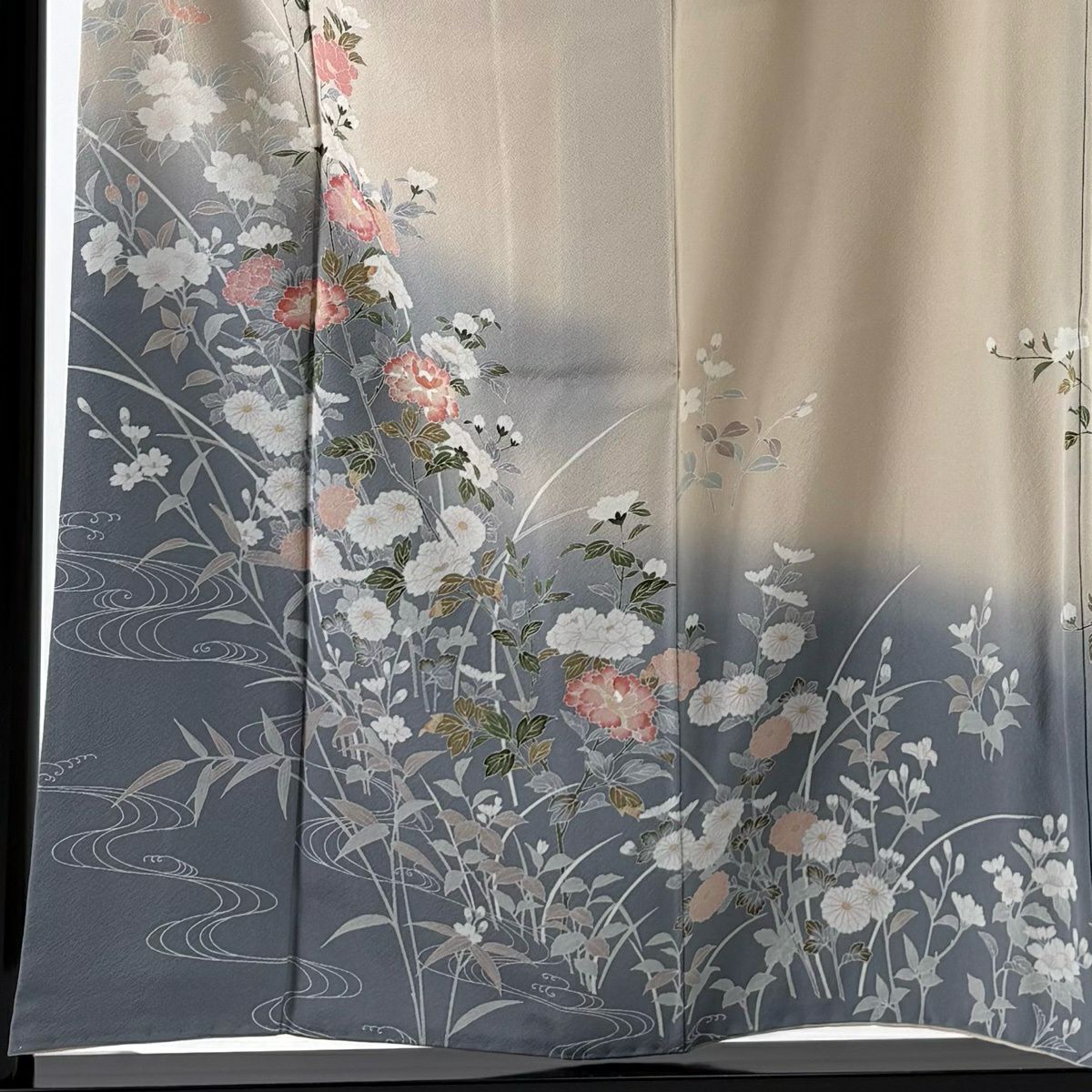 訪問服 身長156cm 袖長62cm S 雙層 草花紋紋 流水 漸層 粉米色 純蠶絲 優品級
