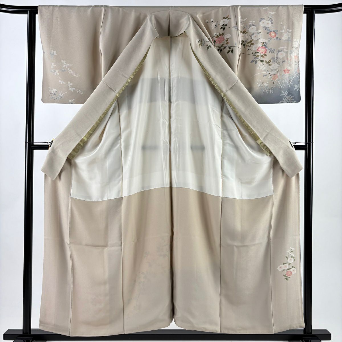 訪問服 身長156cm 袖長62cm S 雙層 草花紋紋 流水 漸層 粉米色 純蠶絲 優品級