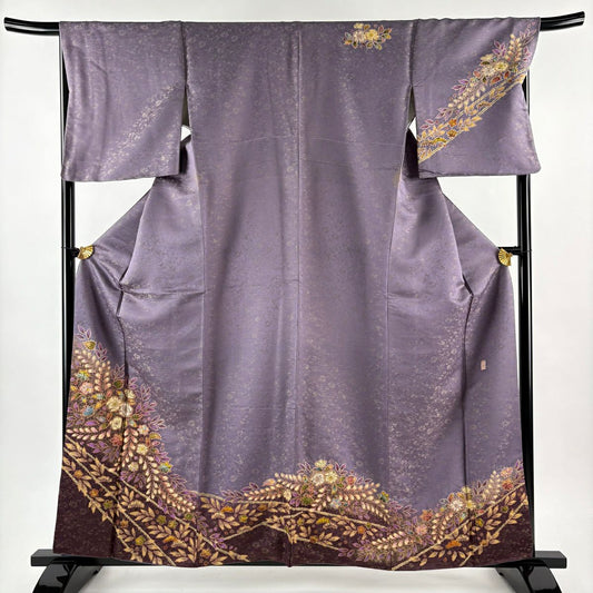 訪問服 身長159cm 袖長68.5cm L 雙層 徳永憲峯 落款あり 辻花染 金通し 金銀彩 灰紫 純蠶絲 逸品級