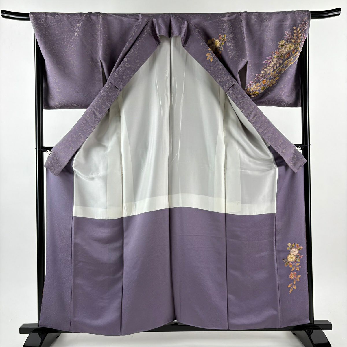 訪問服 身長159cm 袖長68.5cm L 雙層 徳永憲峯 落款あり 辻花染 金通し 金銀彩 灰紫 純蠶絲 逸品級