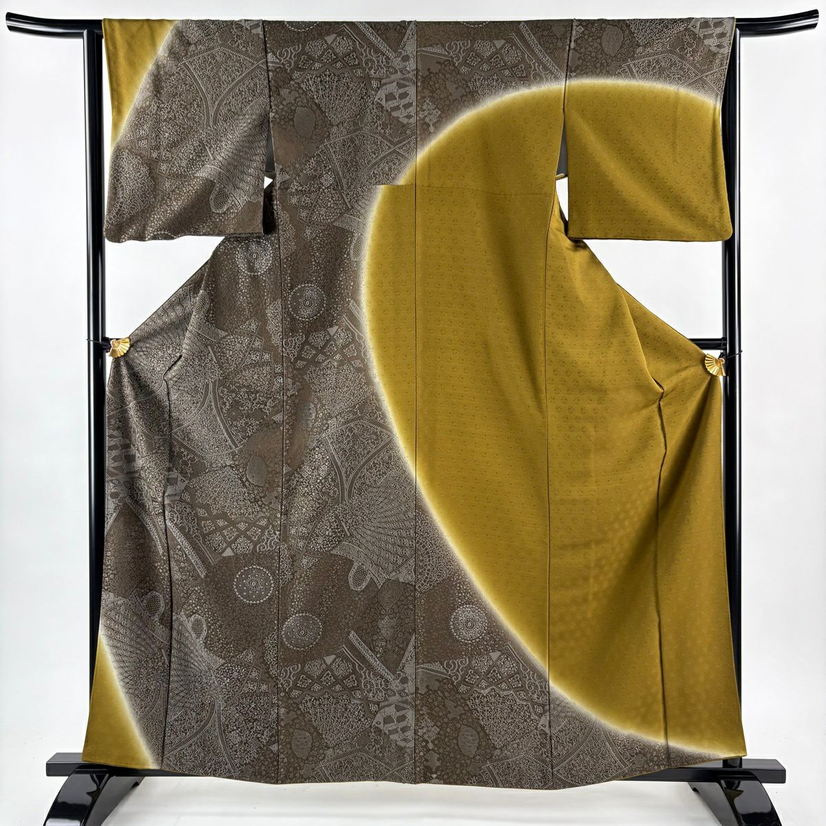 【美品】訪問服 身長162cm 袖長64cm M 雙層 華紋 幾何學圖案 染分 逐漸變色 焦茶 純蠶絲 逸品級