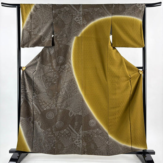 【美品】訪問服 身長162cm 袖長64cm M 雙層 華紋 幾何學圖案 染分 逐漸變色 焦茶 純蠶絲 逸品級