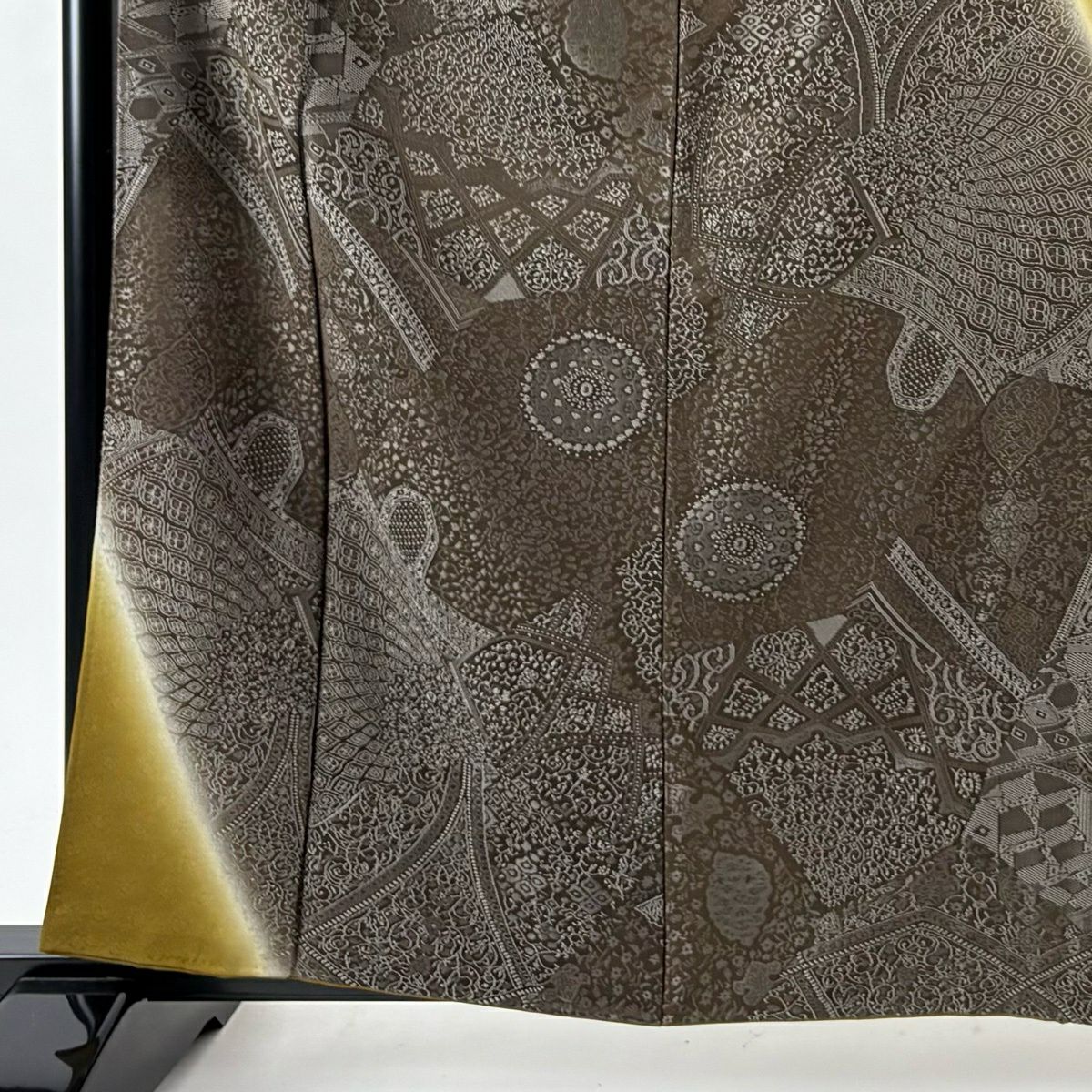 【美品】訪問服 身長162cm 袖長64cm M 雙層 華紋 幾何學圖案 染分 逐漸變色 焦茶 純蠶絲 逸品級