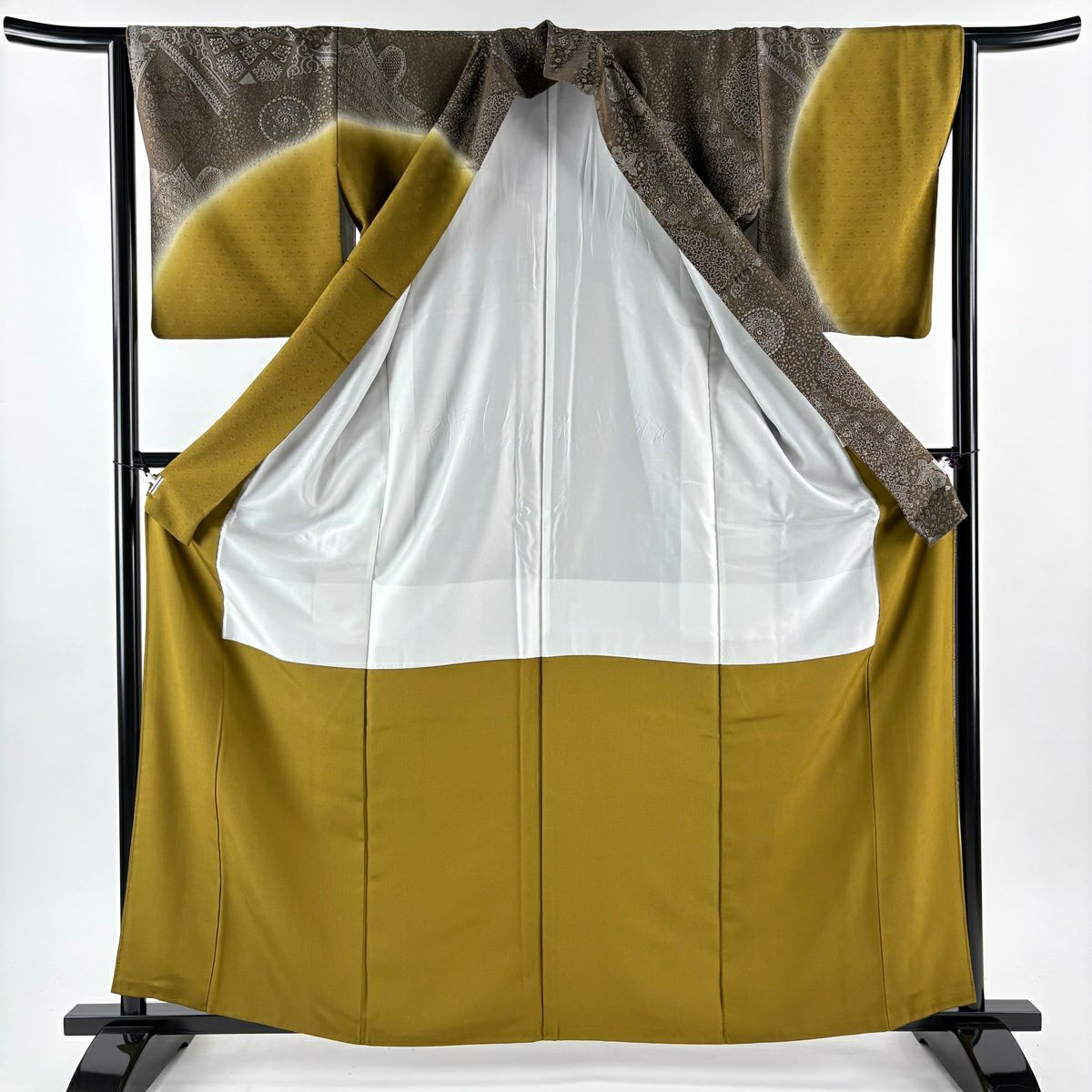 【美品】訪問服 身長162cm 袖長64cm M 雙層 華紋 幾何學圖案 染分 逐漸變色 焦茶 純蠶絲 逸品級