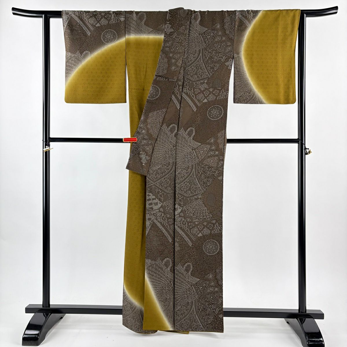 【美品】訪問服 身長162cm 袖長64cm M 雙層 華紋 幾何學圖案 染分 逐漸變色 焦茶 純蠶絲 逸品級