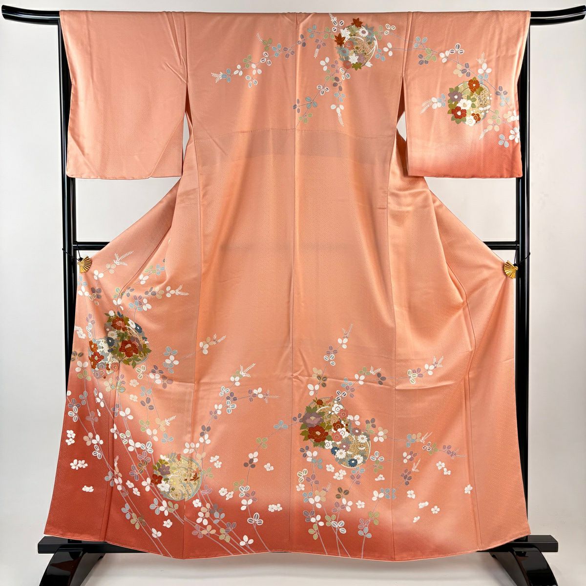 訪問服 身長160.5cm 袖長67.5cm L 雙層 花丸紋 萩 金銀彩 漸層 鮭粉色 純蠶絲 名品級