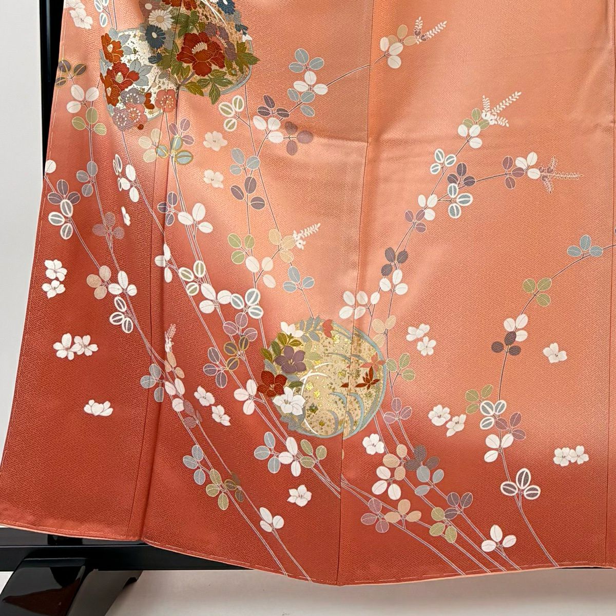 訪問服 身長160.5cm 袖長67.5cm L 雙層 花丸紋 萩 金銀彩 漸層 鮭粉色 純蠶絲 名品級