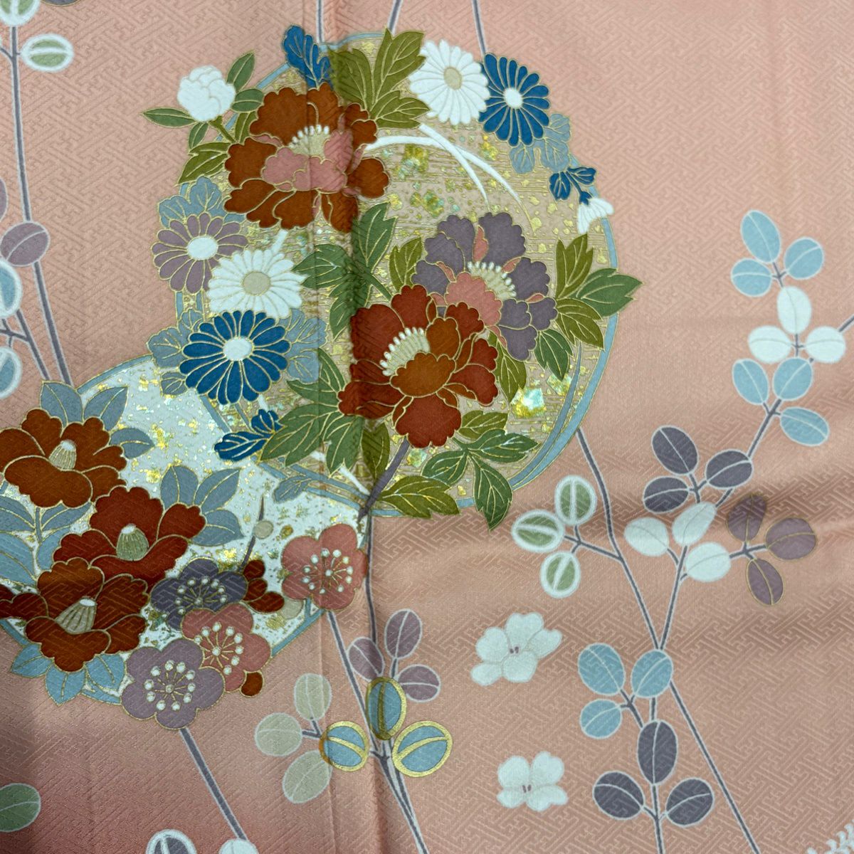 訪問服 身長160.5cm 袖長67.5cm L 雙層 花丸紋 萩 金銀彩 漸層 鮭粉色 純蠶絲 名品級