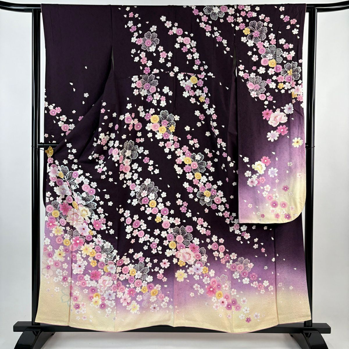 振袖禮服 身長157cm 袖長62.5cm S 雙層櫻花 金銀彩 金金箔 濃紫 純蠶絲 名品級