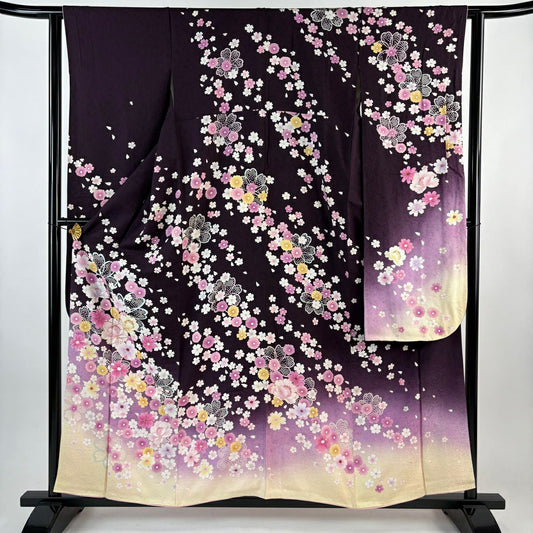振袖禮服 身長157cm 袖長62.5cm S 雙層櫻花 金銀彩 金金箔 濃紫 純蠶絲 名品級