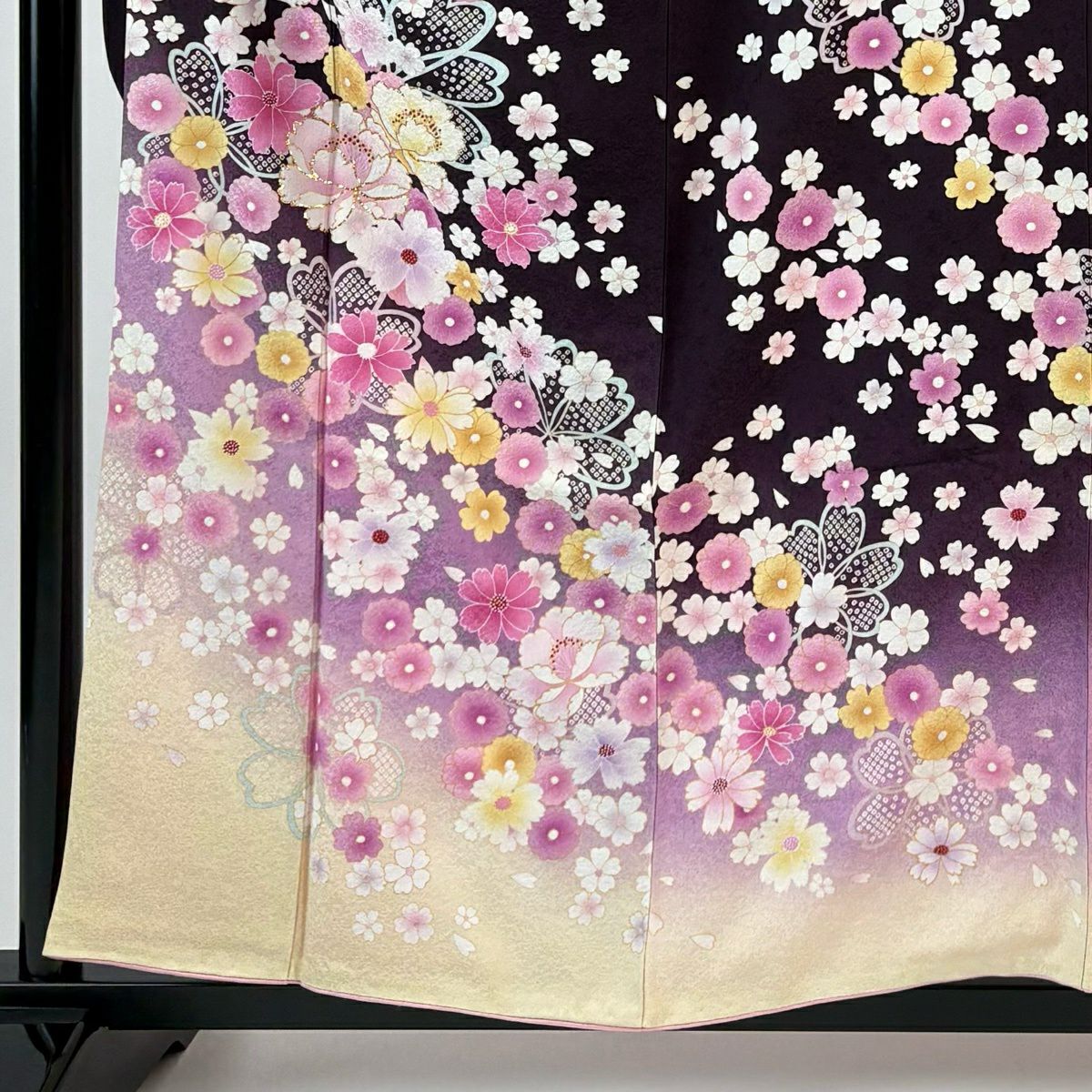 振袖禮服 身長157cm 袖長62.5cm S 雙層櫻花 金銀彩 金金箔 濃紫 純蠶絲 名品級
