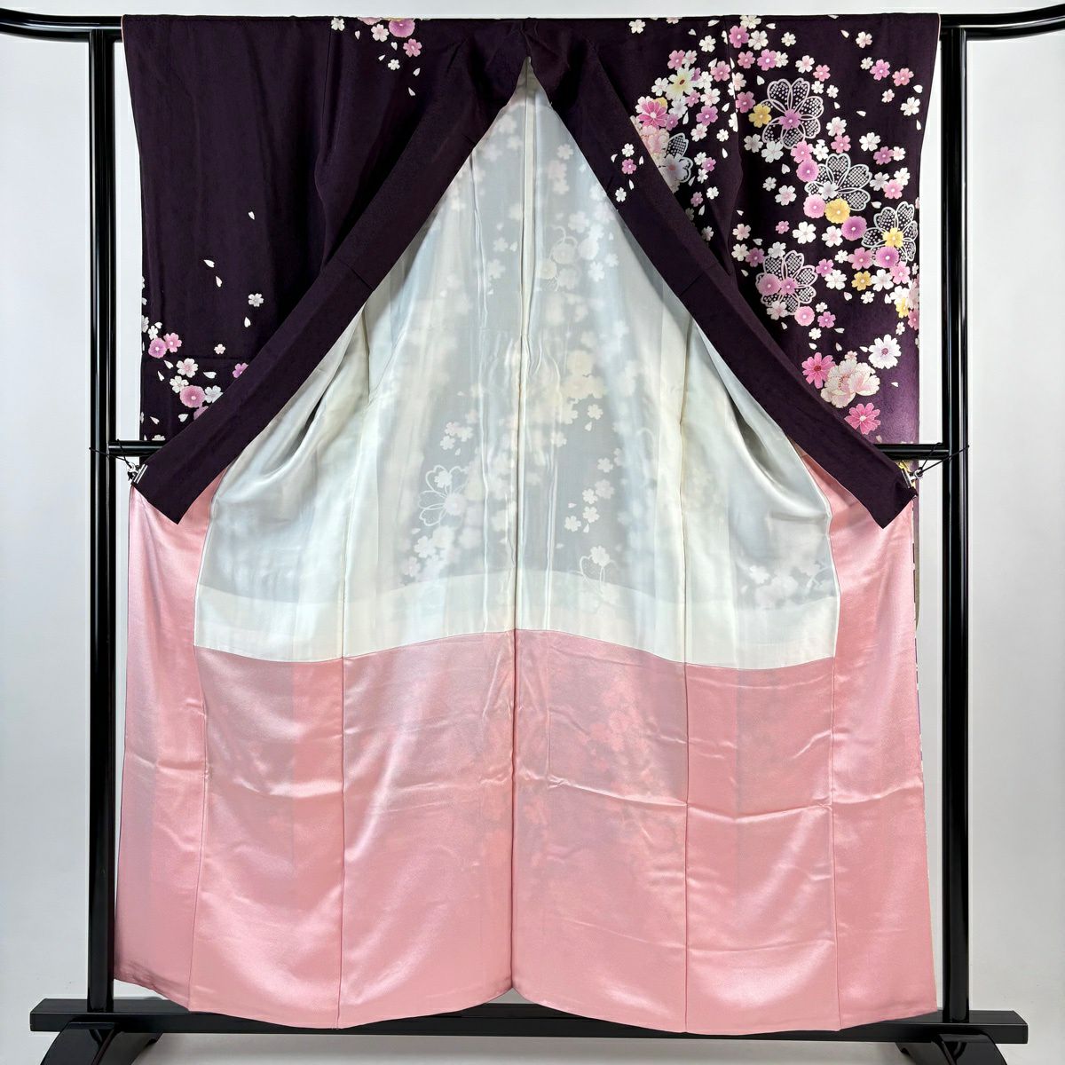振袖禮服 身長157cm 袖長62.5cm S 雙層櫻花 金銀彩 金金箔 濃紫 純蠶絲 名品級