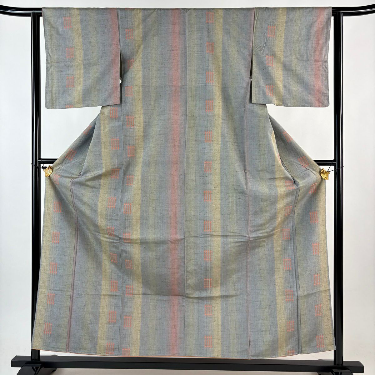 【美品】 紬織 身長157.5cm 袖長61.5cm S 雙層 垂直條紋 幾何圖案 青灰 純蠶絲 名品級