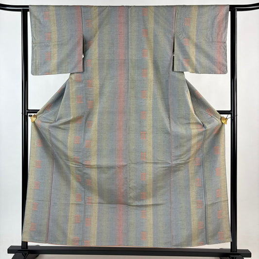 【美品】 紬織 身長157.5cm 袖長61.5cm S 雙層 垂直條紋 幾何圖案 青灰 純蠶絲 名品級