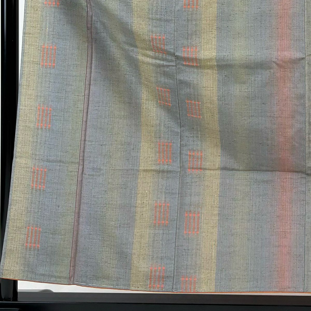 【美品】 紬織 身長157.5cm 袖長61.5cm S 雙層 垂直條紋 幾何圖案 青灰 純蠶絲 名品級