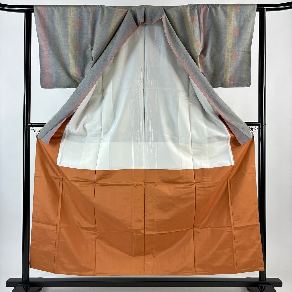 【美品】 紬織 身長157.5cm 袖長61.5cm S 雙層 垂直條紋 幾何圖案 青灰 純蠶絲 名品級