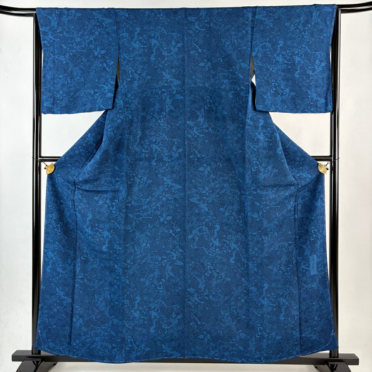 【美品】 小紋 身長159.5cm 袖長64.5cm M 雙層 本藍 落款あり 蝶 草花紋紋 絞染 藍色 純蠶絲 名品級