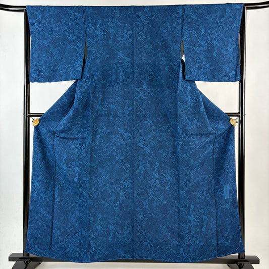 【美品】 小紋 身長159.5cm 袖長64.5cm M 雙層 本藍 落款あり 蝶 草花紋紋 絞染 藍色 純蠶絲 名品級