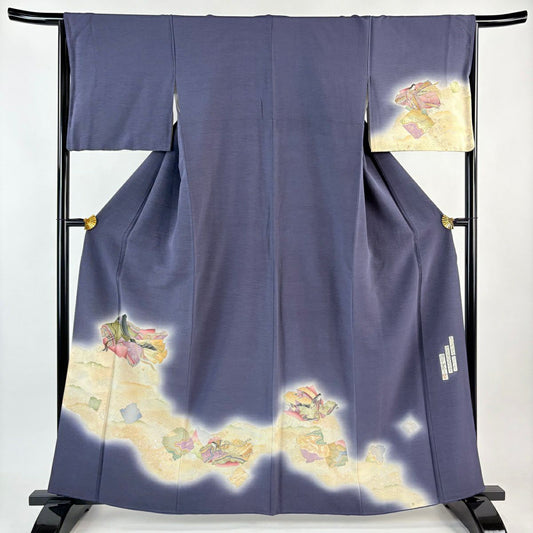 付下 身長162.5cm 袖長65cm M 雙層 樽本伊勢蔵 有落款 姫 破損色紙 金銀彩 深藍 純蠶絲 名品級