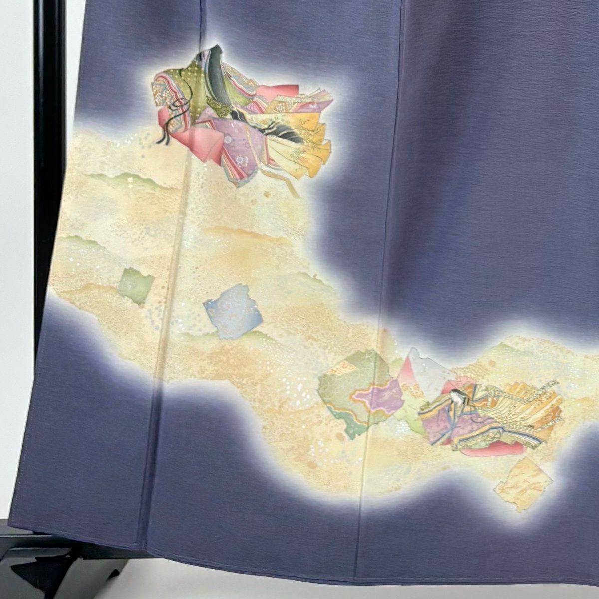付下 身長162.5cm 袖長65cm M 雙層 樽本伊勢蔵 有落款 姫 破損色紙 金銀彩 深藍 純蠶絲 名品級