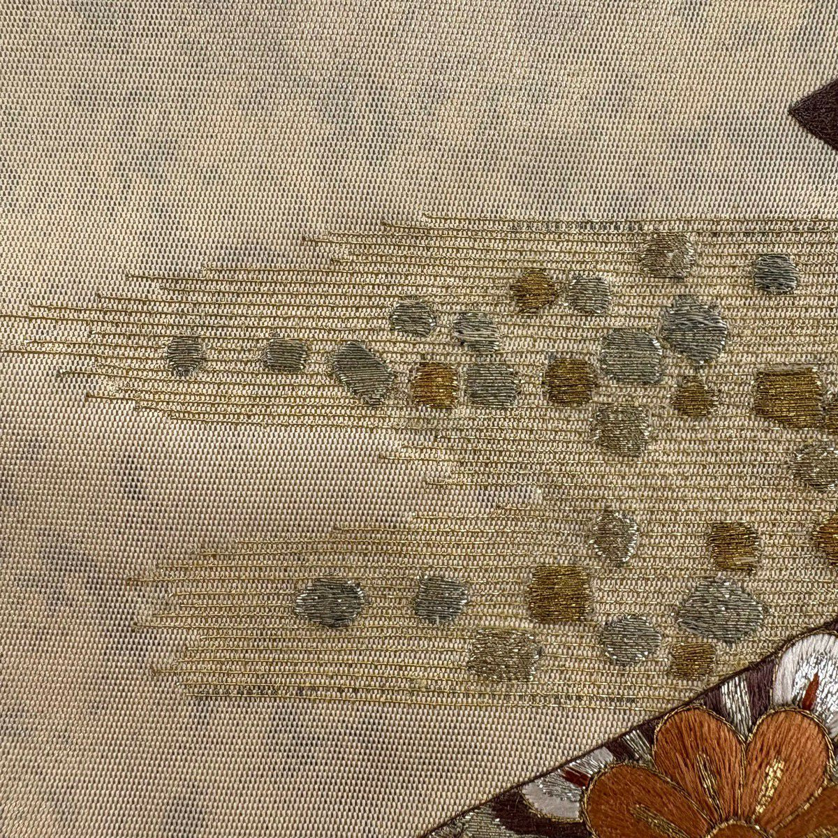 袋帶 逸品級 蒋雪英 落款 華紋 松樹刺繡 金銀彩 金色 大鼓圖案 純蠶絲