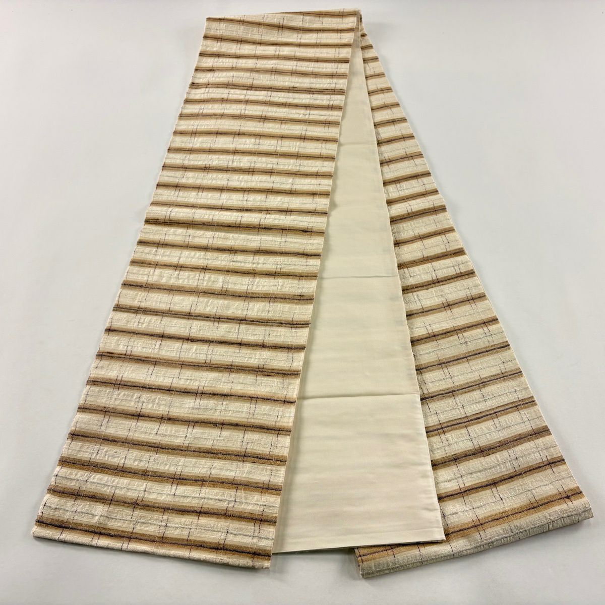 【美品】 袋帶 逸品級 條紋 米色 全通 純蠶絲