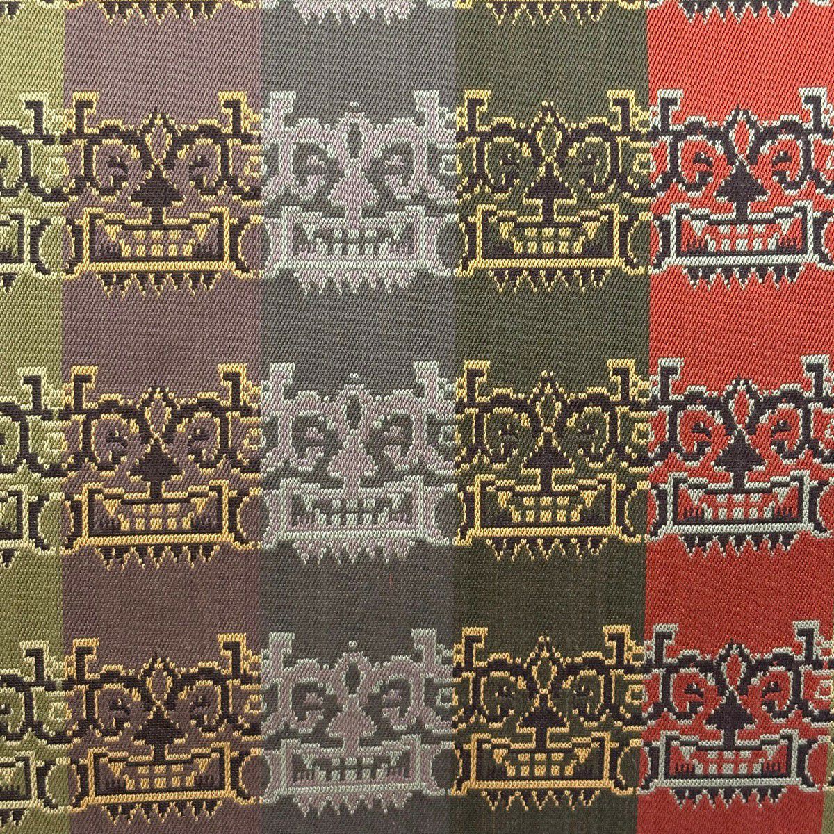 【美品】 開口名古屋帶 逸品級 龍村美術織物 雙層仕立 縞 幾何圖案 茶綠 純蠶絲
