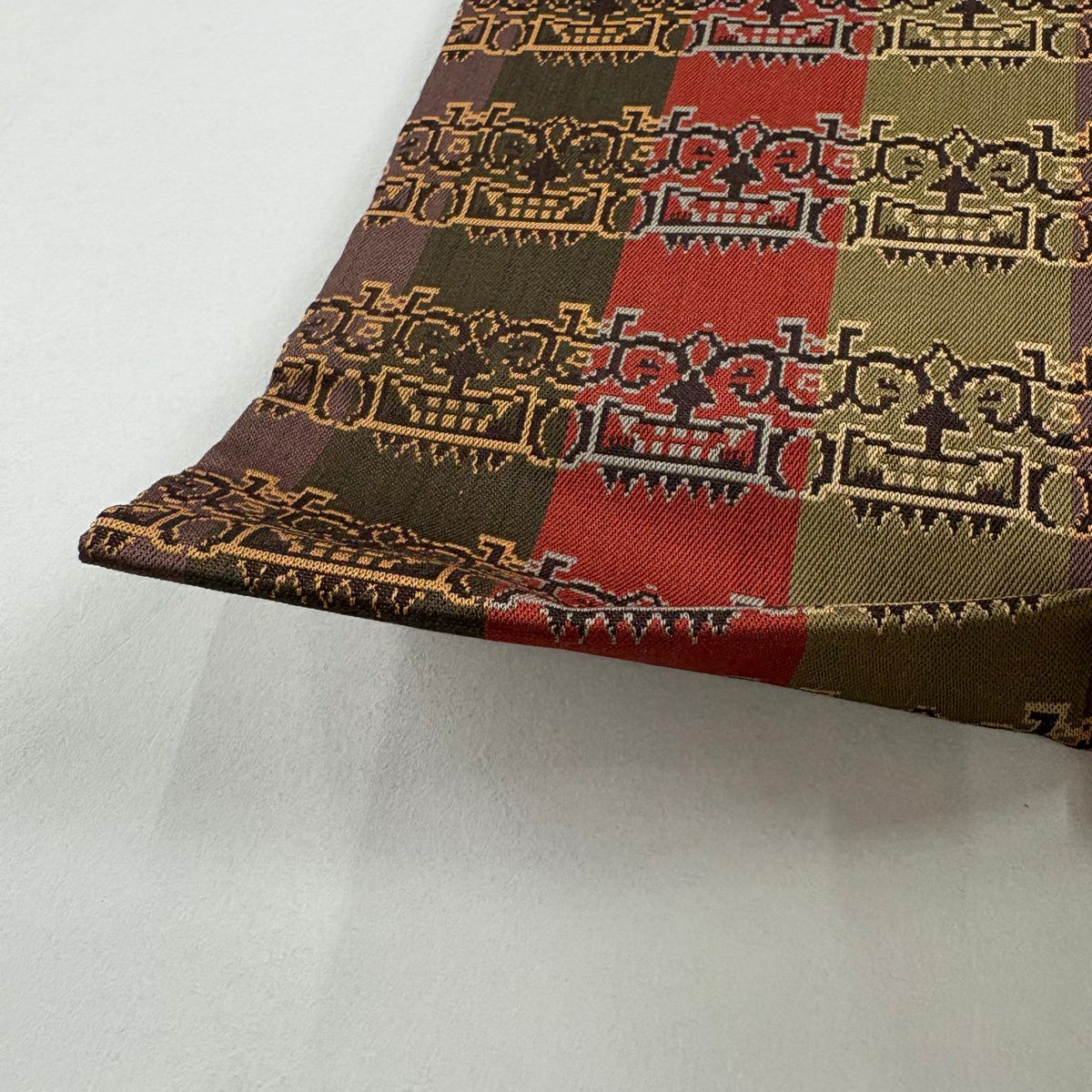 【美品】 開口名古屋帶 逸品級 龍村美術織物 雙層仕立 縞 幾何圖案 茶綠 純蠶絲