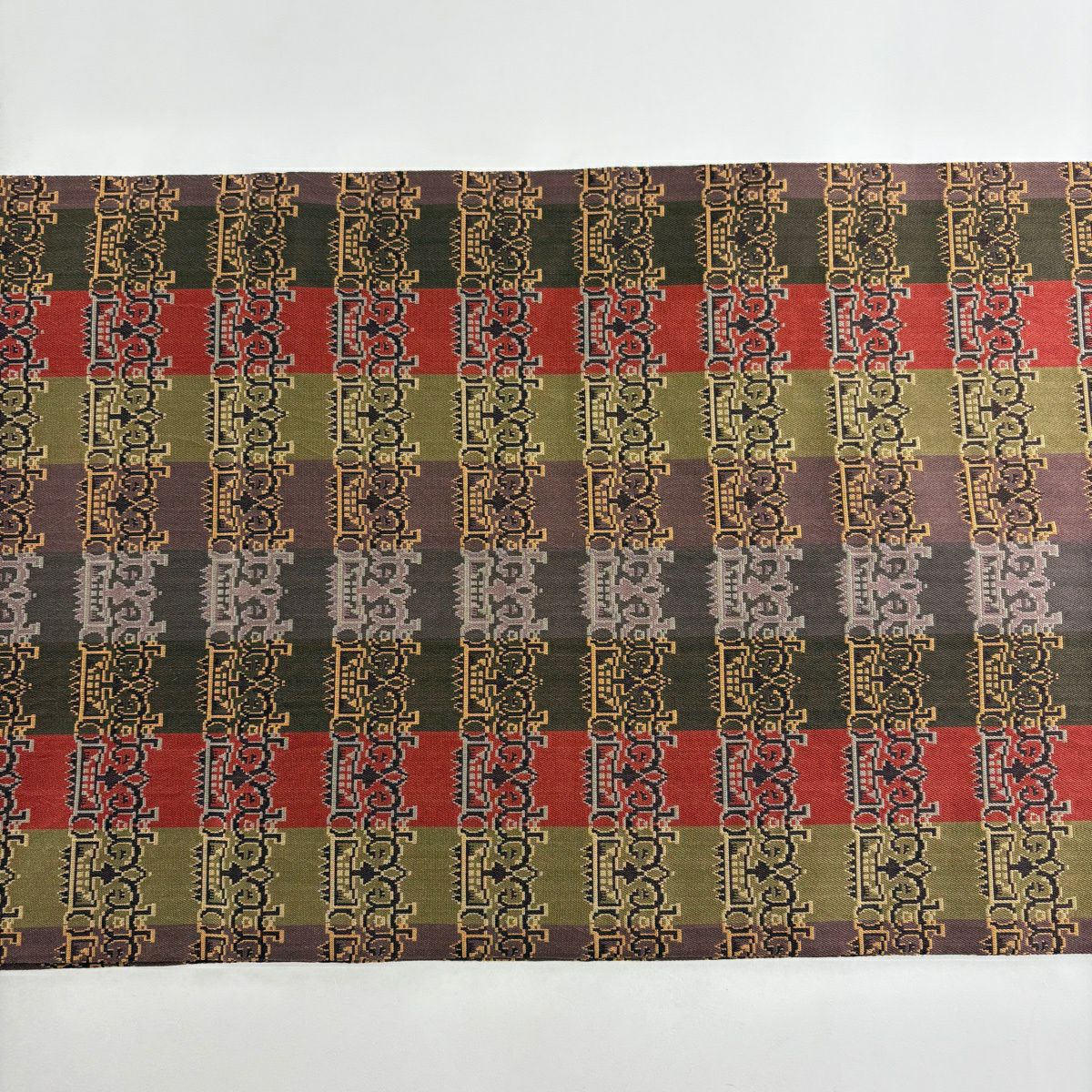 【美品】 開口名古屋帶 逸品級 龍村美術織物 雙層仕立 縞 幾何圖案 茶綠 純蠶絲