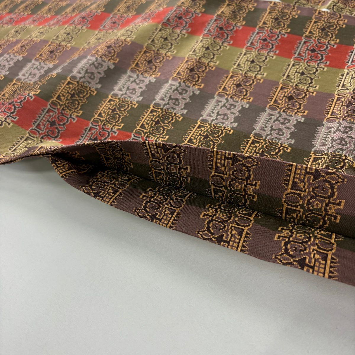 【美品】 開口名古屋帶 逸品級 龍村美術織物 雙層仕立 縞 幾何圖案 茶綠 純蠶絲