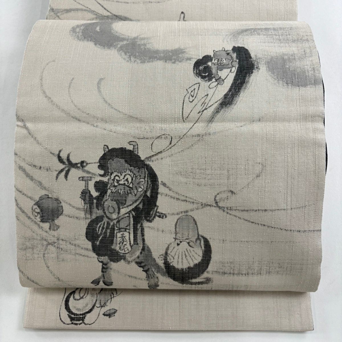 袋帶 逸品級 附落款 田中良和 鬼 瓢箪 銀線 奶油色 大鼓圖案 純蠶絲