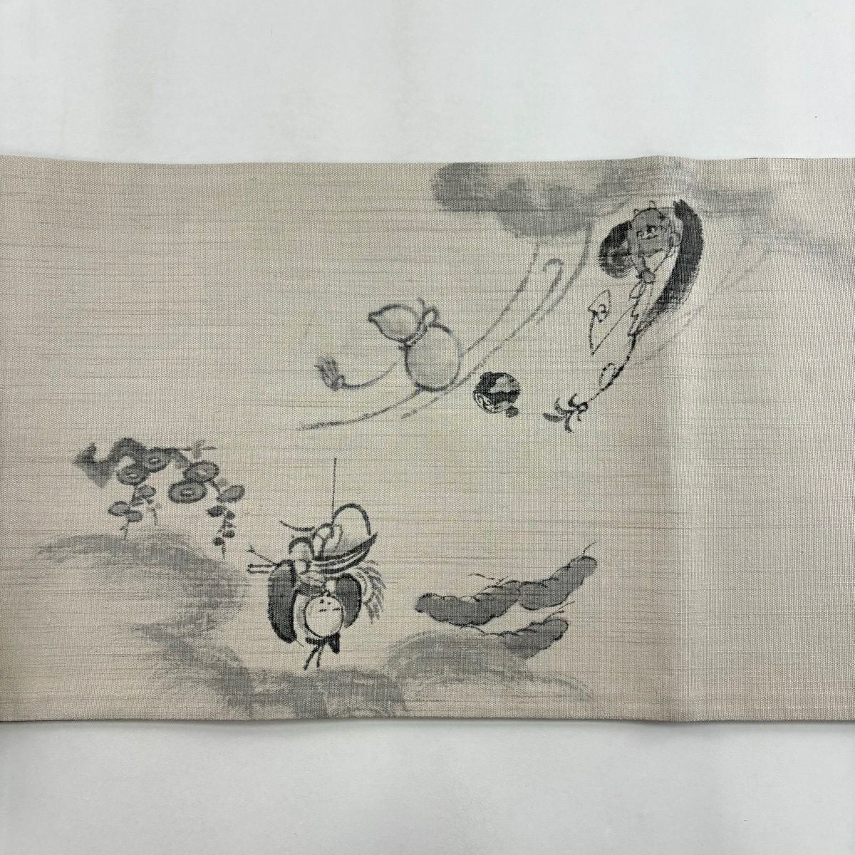 袋帶 逸品級 附落款 田中良和 鬼 瓢箪 銀線 奶油色 大鼓圖案 純蠶絲