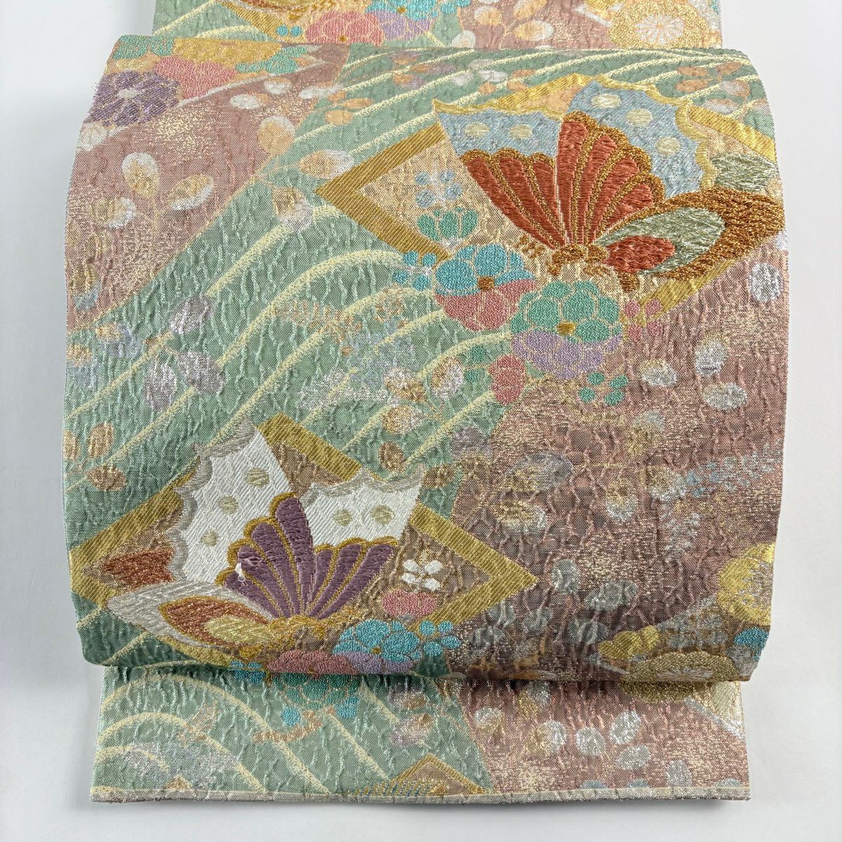 袋帶 秀品級 蝶花 刺繡 金金箔 淺綠 六通 純蠶絲