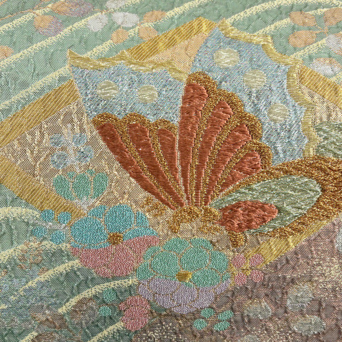 袋帶 秀品級 蝶花 刺繡 金金箔 淺綠 六通 純蠶絲
