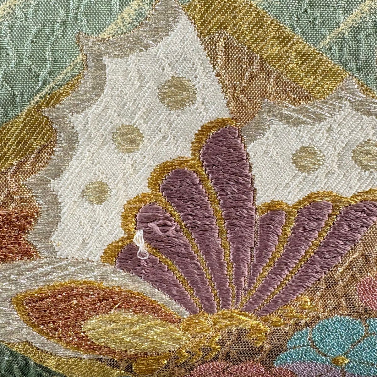 袋帶 秀品級 蝶花 刺繡 金金箔 淺綠 六通 純蠶絲