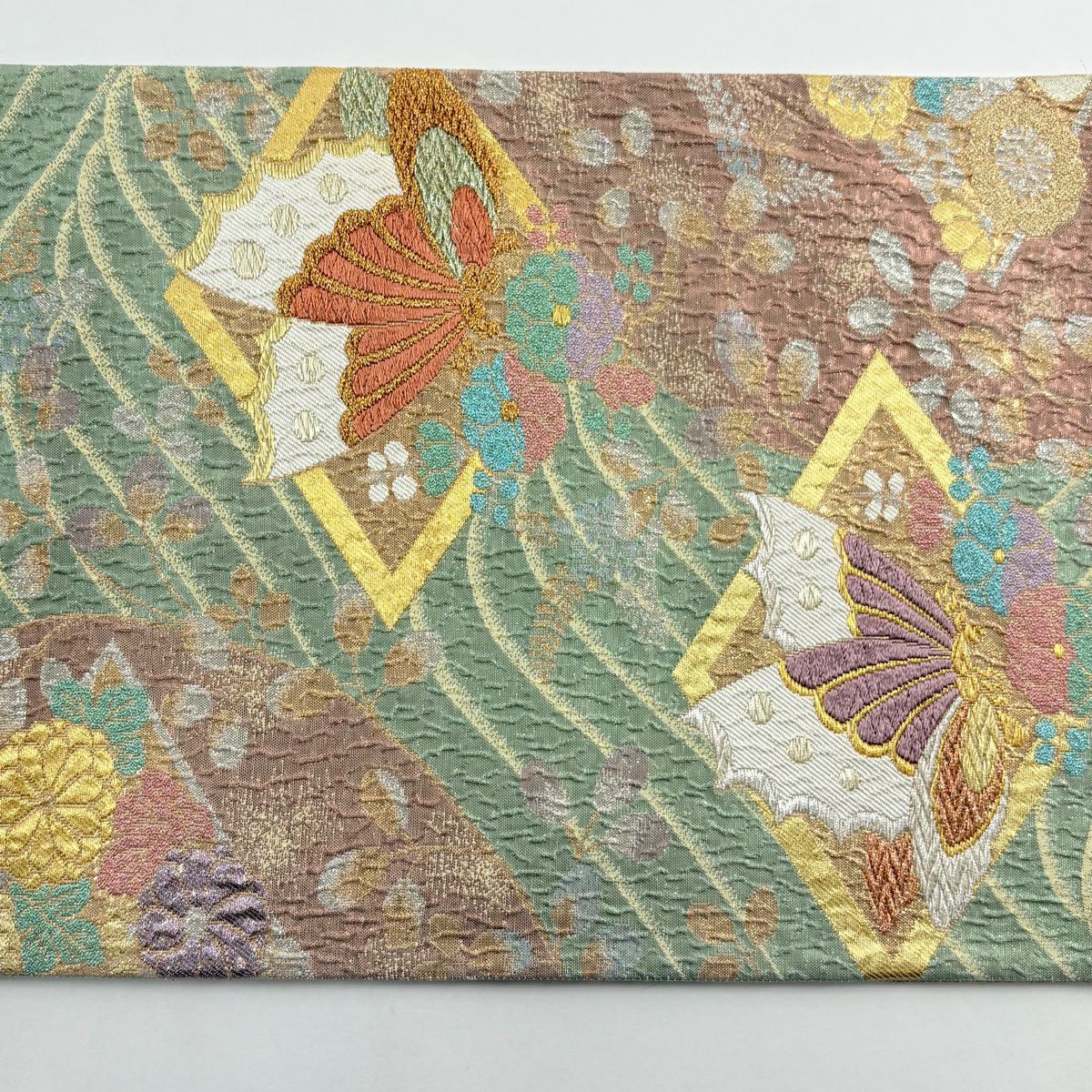 袋帶 秀品級 蝶花 刺繡 金金箔 淺綠 六通 純蠶絲
