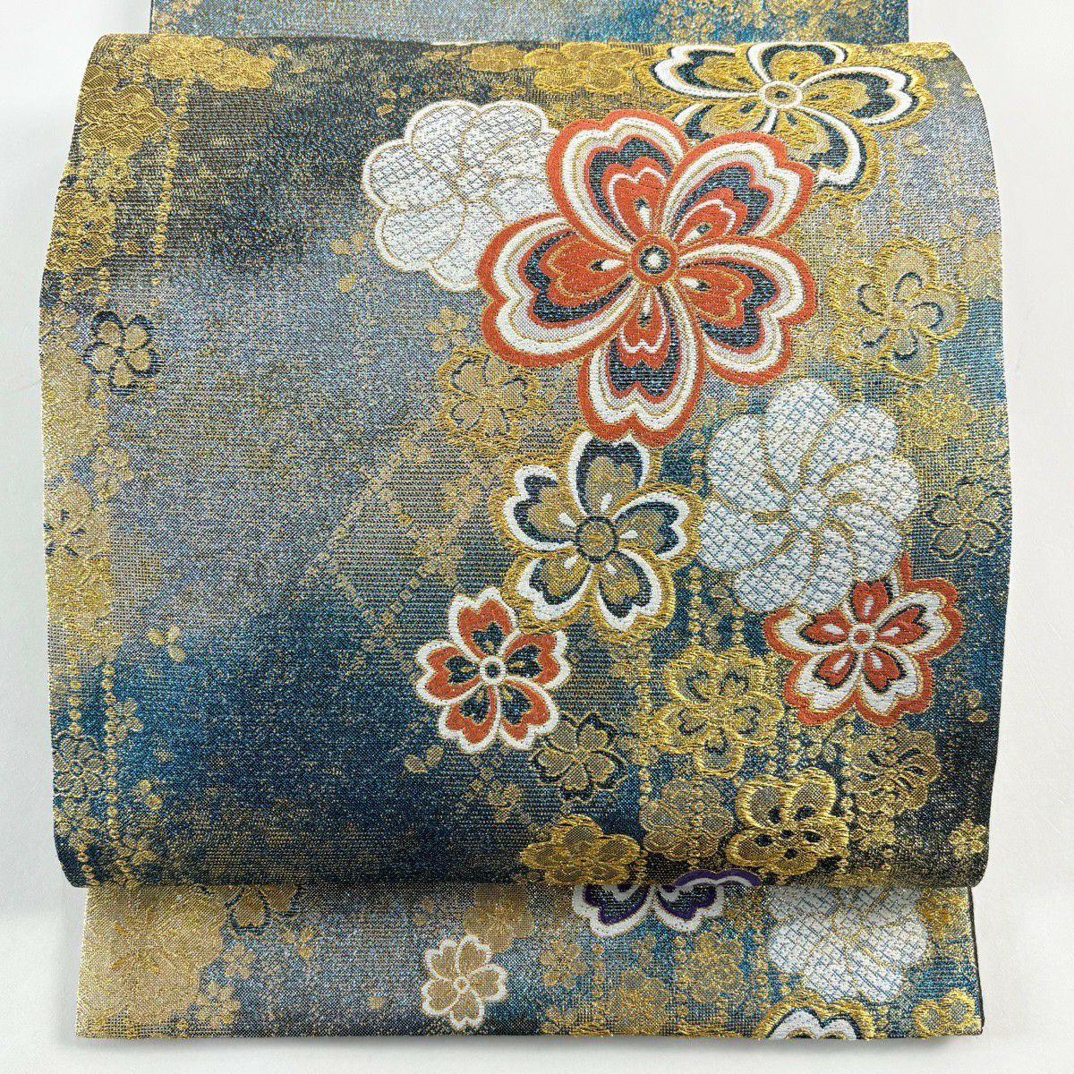 【美品】 袋帶 秀品級 櫻花 金絲 金金箔 青綠 六通 純蠶絲