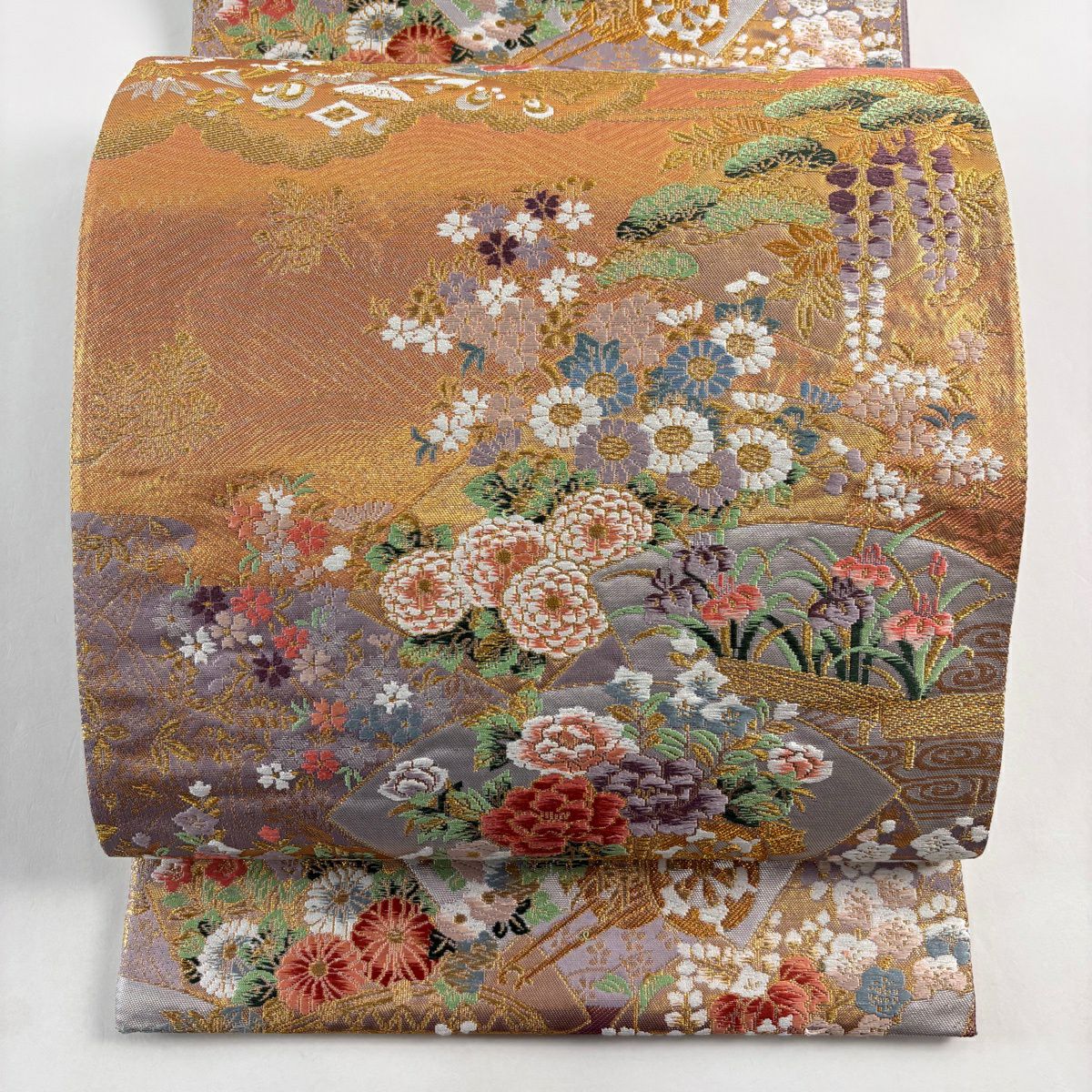 【美品】 袋帶 秀品級 悠悠 扇子面 花車 金絲 金金箔 金色 六通 純蠶絲