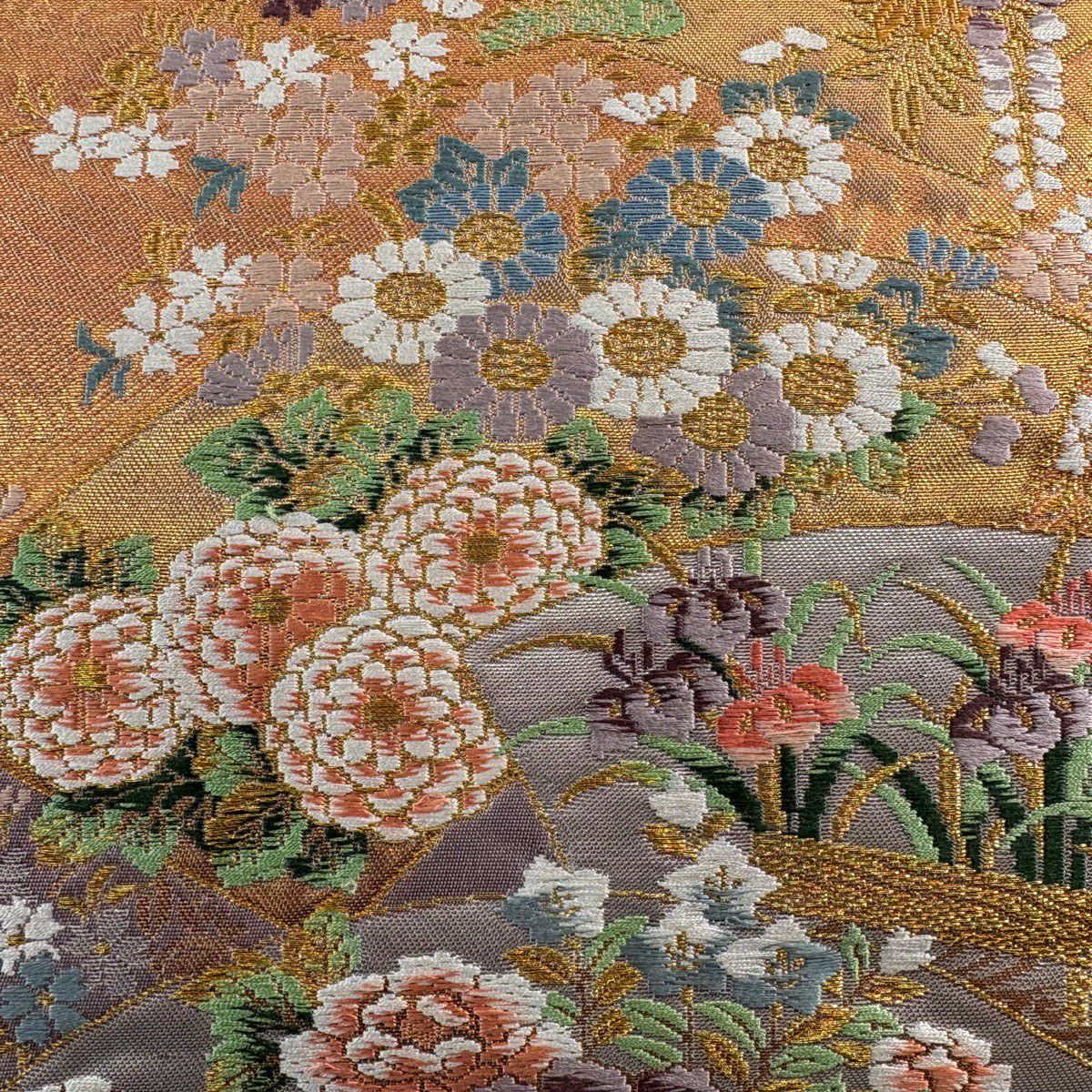 【美品】 袋帶 秀品級 悠悠 扇子面 花車 金絲 金金箔 金色 六通 純蠶絲