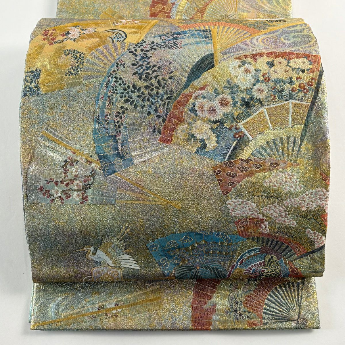 【美品】 袋帶 秀品級 落款あり 能樂百扇子 徳川美術館秘藏 松樹竹子梅花 仙鶴 金金箔 淺綠 お太鼓圖案 純蠶絲