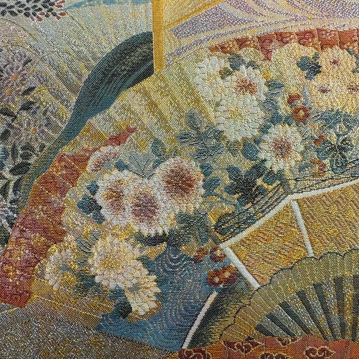 【美品】 袋帶 秀品級 落款あり 能樂百扇子 徳川美術館秘藏 松樹竹子梅花 仙鶴 金金箔 淺綠 お太鼓圖案 純蠶絲