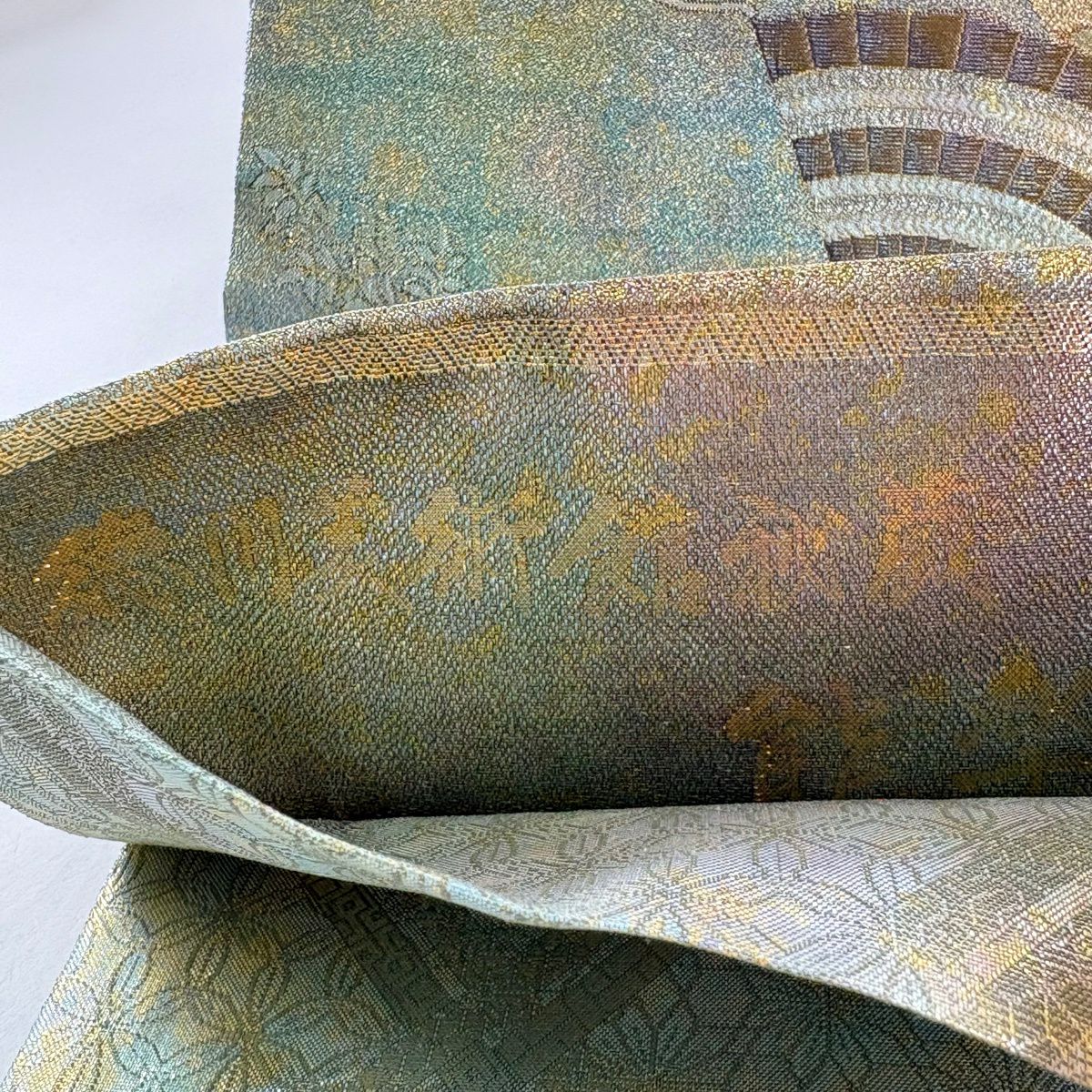 【美品】 袋帶 秀品級 落款あり 能樂百扇子 徳川美術館秘藏 松樹竹子梅花 仙鶴 金金箔 淺綠 お太鼓圖案 純蠶絲