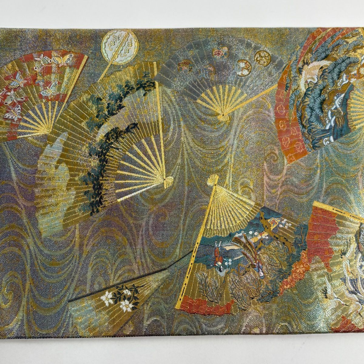 【美品】 袋帶 秀品級 落款あり 能樂百扇子 徳川美術館秘藏 松樹竹子梅花 仙鶴 金金箔 淺綠 お太鼓圖案 純蠶絲