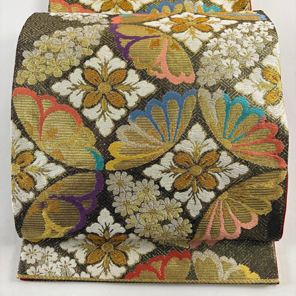 【美品】 袋帶 秀品級 七寶紋 櫻花 金絲 金金箔 金色 六通 純蠶絲