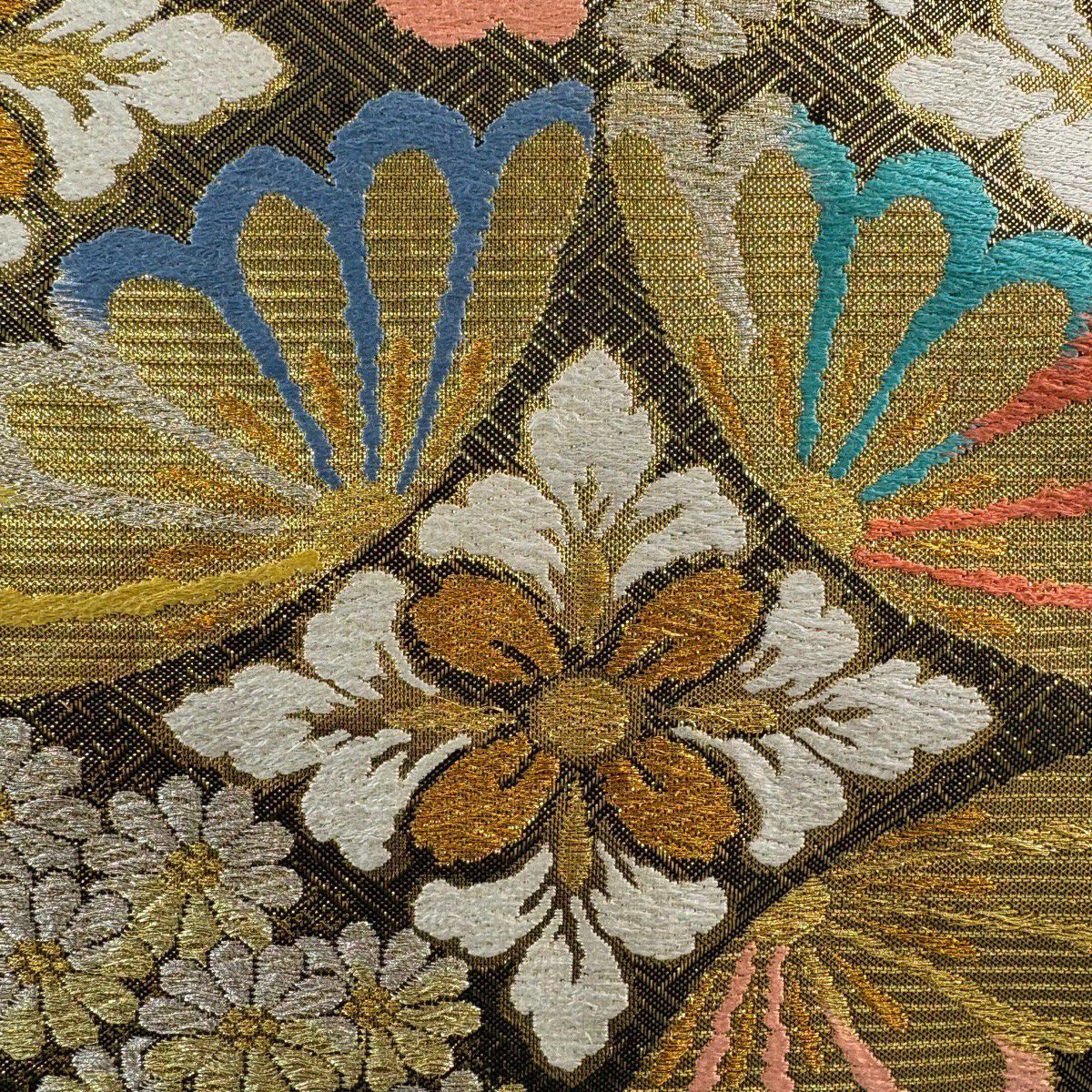 【美品】 袋帶 秀品級 七寶紋 櫻花 金絲 金金箔 金色 六通 純蠶絲