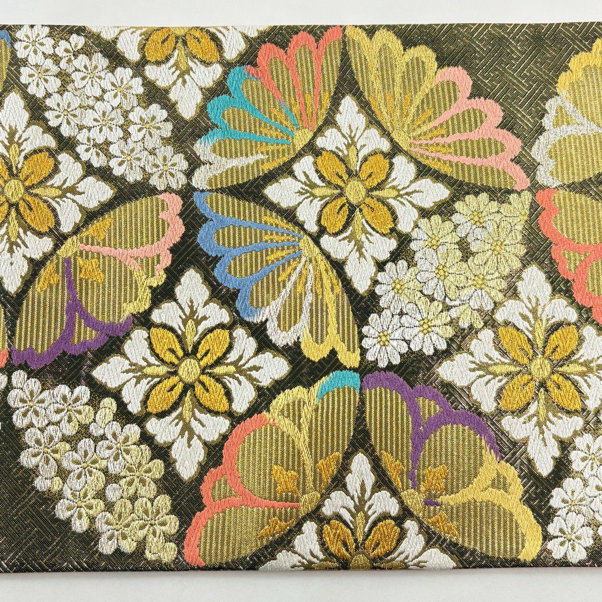 【美品】 袋帶 秀品級 七寶紋 櫻花 金絲 金金箔 金色 六通 純蠶絲